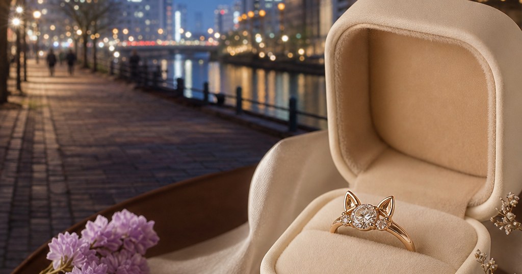 福岡で婚約指輪を選ぶカップルに向けた、猫モチーフの本格ジュエリーを象徴する上品な婚約指輪のクローズアップ。シャンパンゴールドとアイボリー、ダークブラウンを基調にした静かで繊細なビジュアル。
