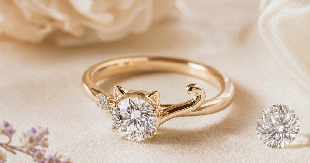 シャンパンゴールドの猫モチーフ婚約指輪とダイヤモンドをアイボリーの背景に置いた高級感のあるジュエリーイメージ