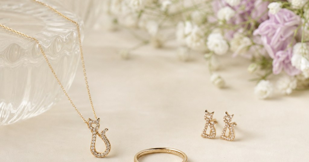 シャンパンゴールドの婚約指輪と猫モチーフの上質なジュエリーを、アイボリーの背景に静かに配置したイメージ