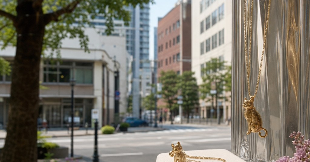 シャンパンゴールドの猫モチーフジュエリーと上質な素材を静かに撮影した、福岡の猫ブランドを紹介する記事のアイキャッチ画像