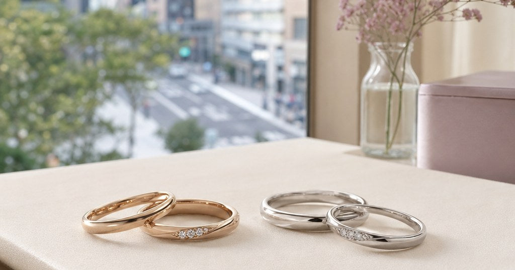 福岡でプラチナとゴールドの結婚指輪の違いを比較するイメージ。シャンパンゴールドとプラチナのリングをアイボリーの背景に上品に配置したジュエリー写真