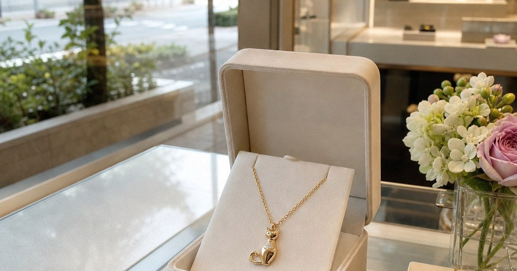シャンパンゴールドの猫モチーフネックレスとジュエリーボックスを上品に撮影したイメージ