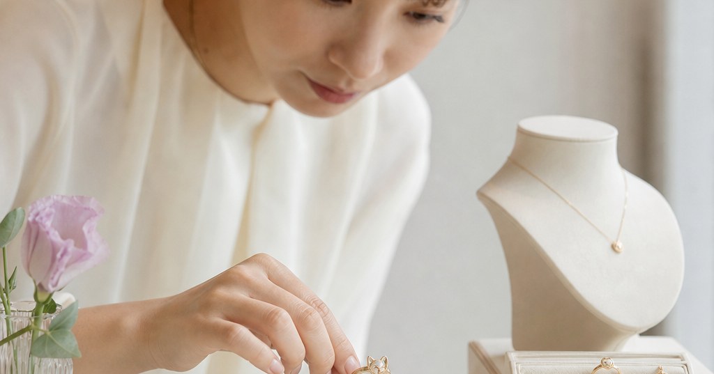 シャンパンゴールドの猫モチーフの指輪を置いたアイボリーのジュエリーディスプレイ。福岡で選ぶご褒美指輪をイメージした高級感のある静かな構図。