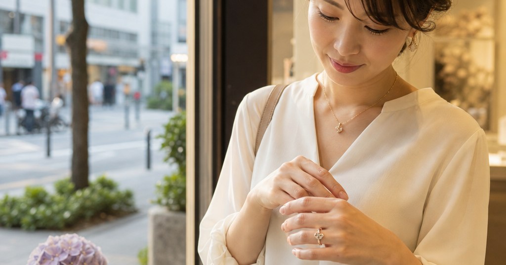 福岡で指輪を試着する女性の手元と、繊細な猫モチーフのジュエリー