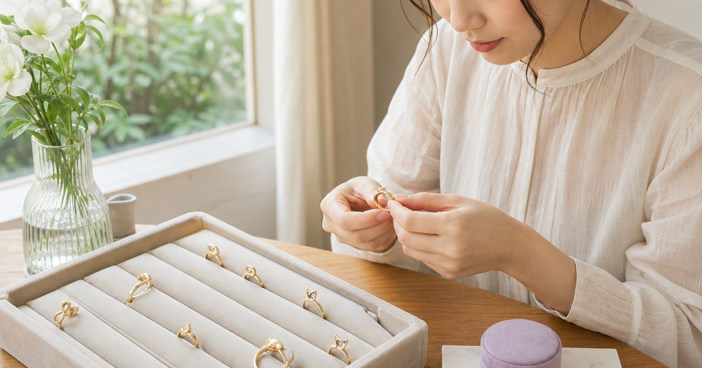 シャンパンゴールドの猫モチーフリングと無料サンプルを上品に並べたジュエリー撮影イメージ