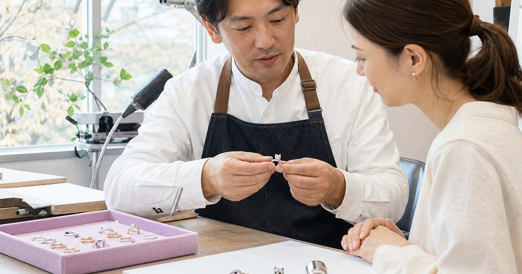 福岡で指輪のリフォームを検討する人に向けた、思い出の宝石と猫モチーフの本格ジュエリーを写した上品なイメージ