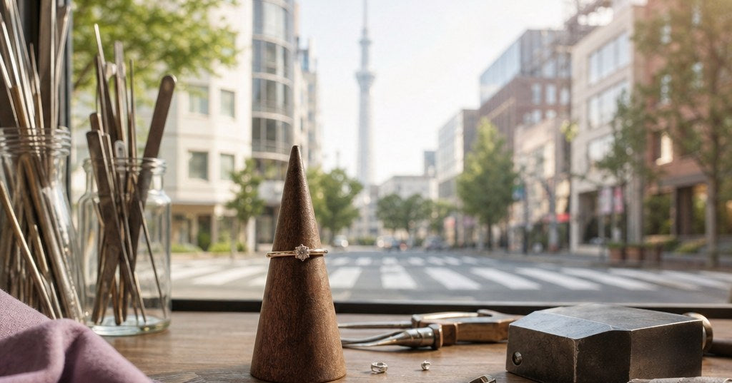 福岡で指輪の直しを依頼する際の料金と確認事項をイメージした、シャンパンゴールドの指輪とジュエリー工具の静物写真
