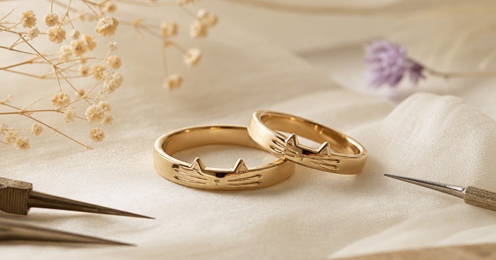 福岡でシンプルな結婚指輪を探すカップルに向けた、猫モチーフの上品な結婚指輪のイメージ。アイボリーの背景にシャンパンゴールドのリングと繊細な猫の意匠を静かに配置した高級感のあるビジュアル。