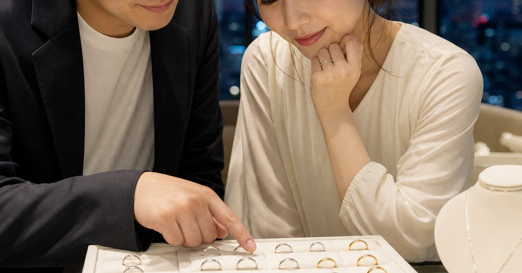 福岡で結婚指輪を選ぶカップルと、素材やデザインの違いを映す上品なリングのイメージ