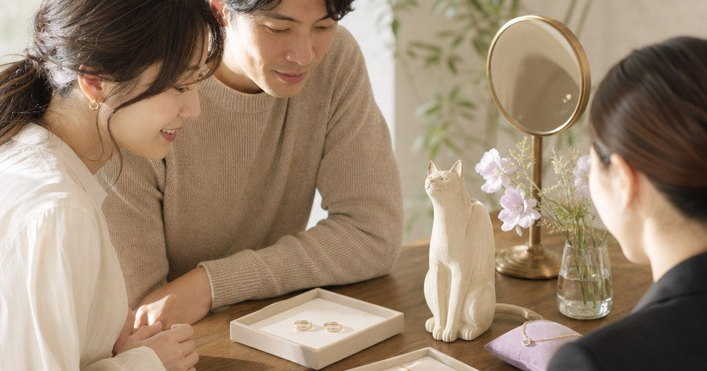 シャンパンゴールドの光に包まれた上品な結婚指輪と猫モチーフのジュエリー。福岡でおしゃれなデザインと着け心地を重視して選ぶイメージ