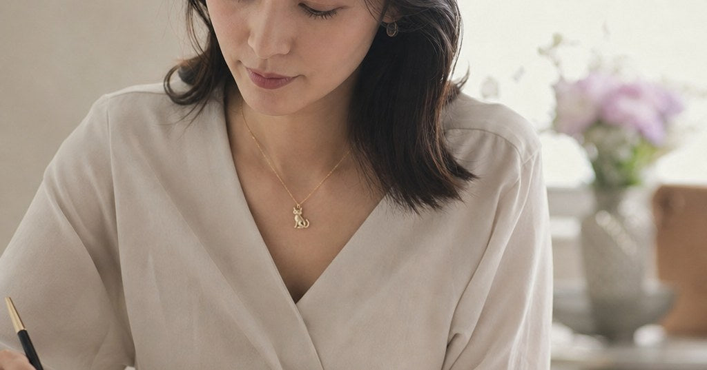 シャンパンゴールドの猫モチーフネックレスを身に着けた大人の女性の首元。アイボリーとグレージュを基調にした静かで上品なジュエリー撮影