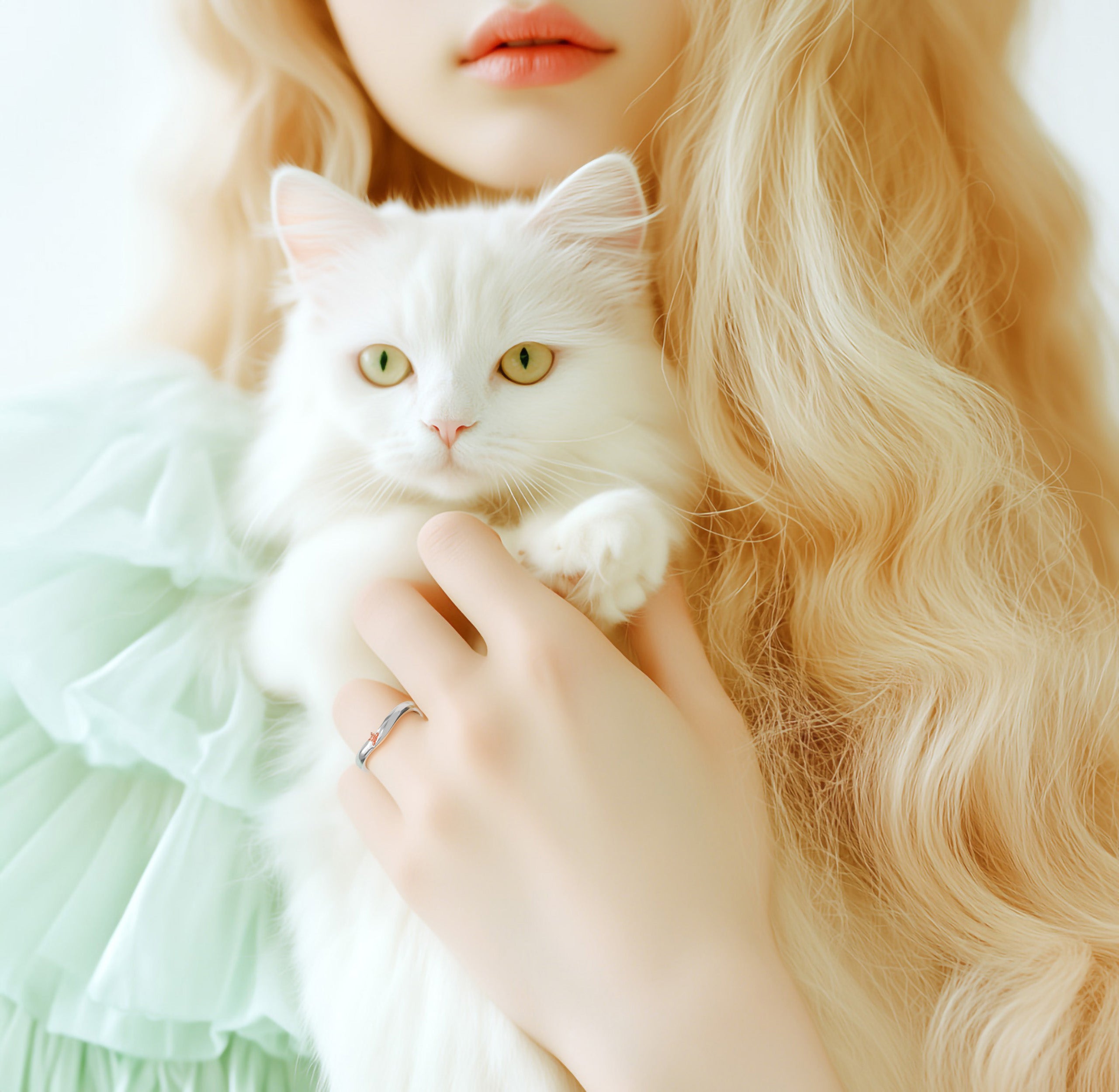 猫の結婚指輪(マリッジリング/ウェディングリング)のPensiero-del-Gatto_pairで、猫の想いという名の猫の結婚指輪のモデルの着用写真です。(画1)