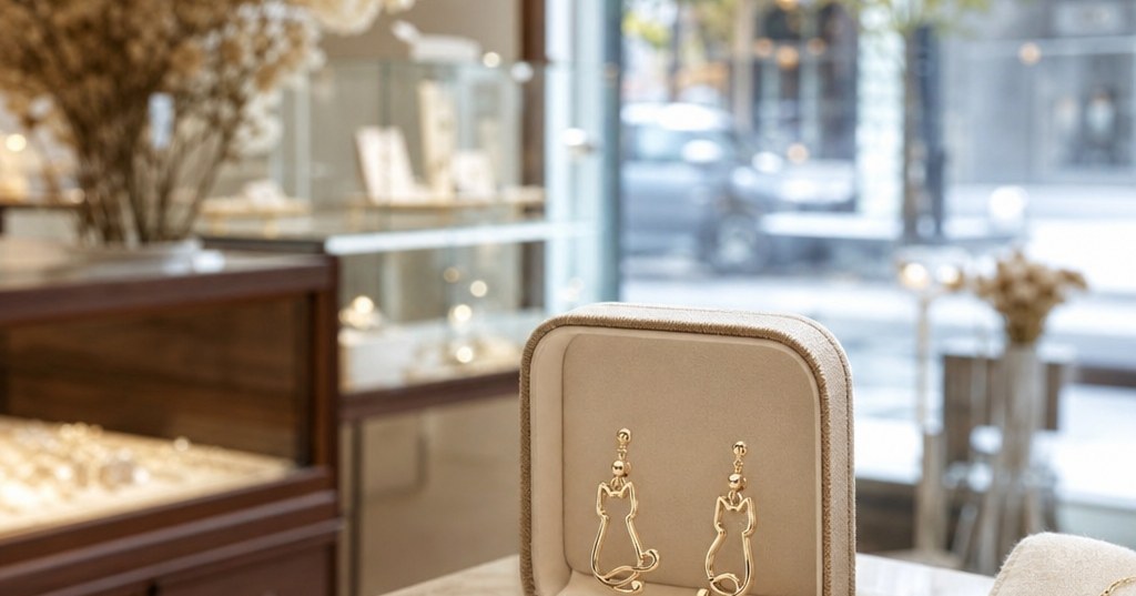 シャンパンゴールドの猫モチーフピアスとジュエリーケースを写した上品なイメージ