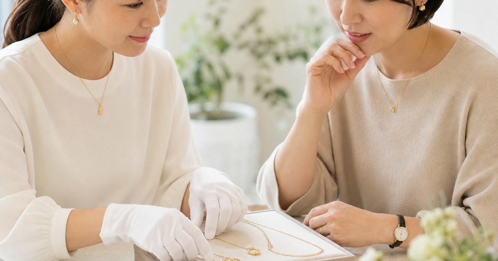 シャンパンゴールドの猫モチーフジュエリーと素材見本を並べた上品なイメージ