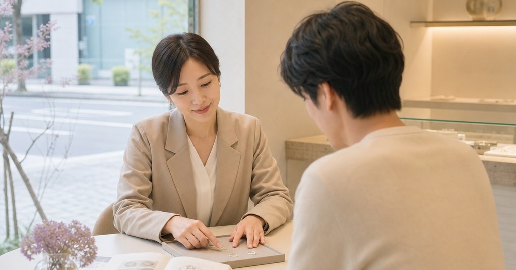 福岡で指輪をオーダーメイドする相談風景。シャンパンゴールドのリングと手帳をアイボリーの背景に置いた上品で静かなジュエリーイメージ