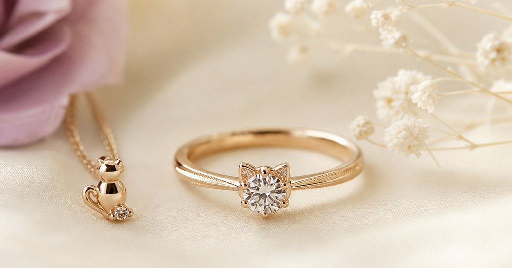 シャンパンゴールドの婚約指輪と上品な猫モチーフジュエリーをアイボリーの背景に置いた静かなイメージ