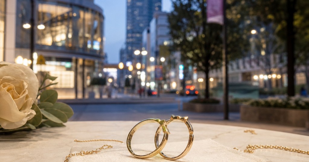 シャンパンゴールドの猫モチーフ結婚指輪と上品なジュエリーをアイボリーの背景に置いた静物写真