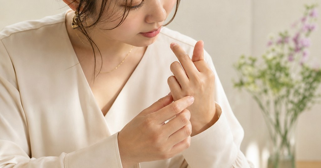 シャンパンゴールドの指輪とサイズゲージを添えた手元、浮腫みによる指輪のきつさを確認するイメージ