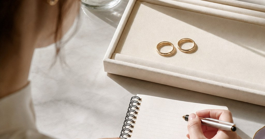 シャンパンゴールドの結婚指輪と価格比較のメモを、アイボリーのジュエリートレイに静かに配置した上品なイメージ