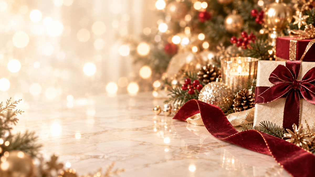 アトリエミラネーゼジャパンのクリスマス特設ページ用、白いギフトボックスとボルドーのリボン、ツリーの灯りをあしらった上品な背景画像